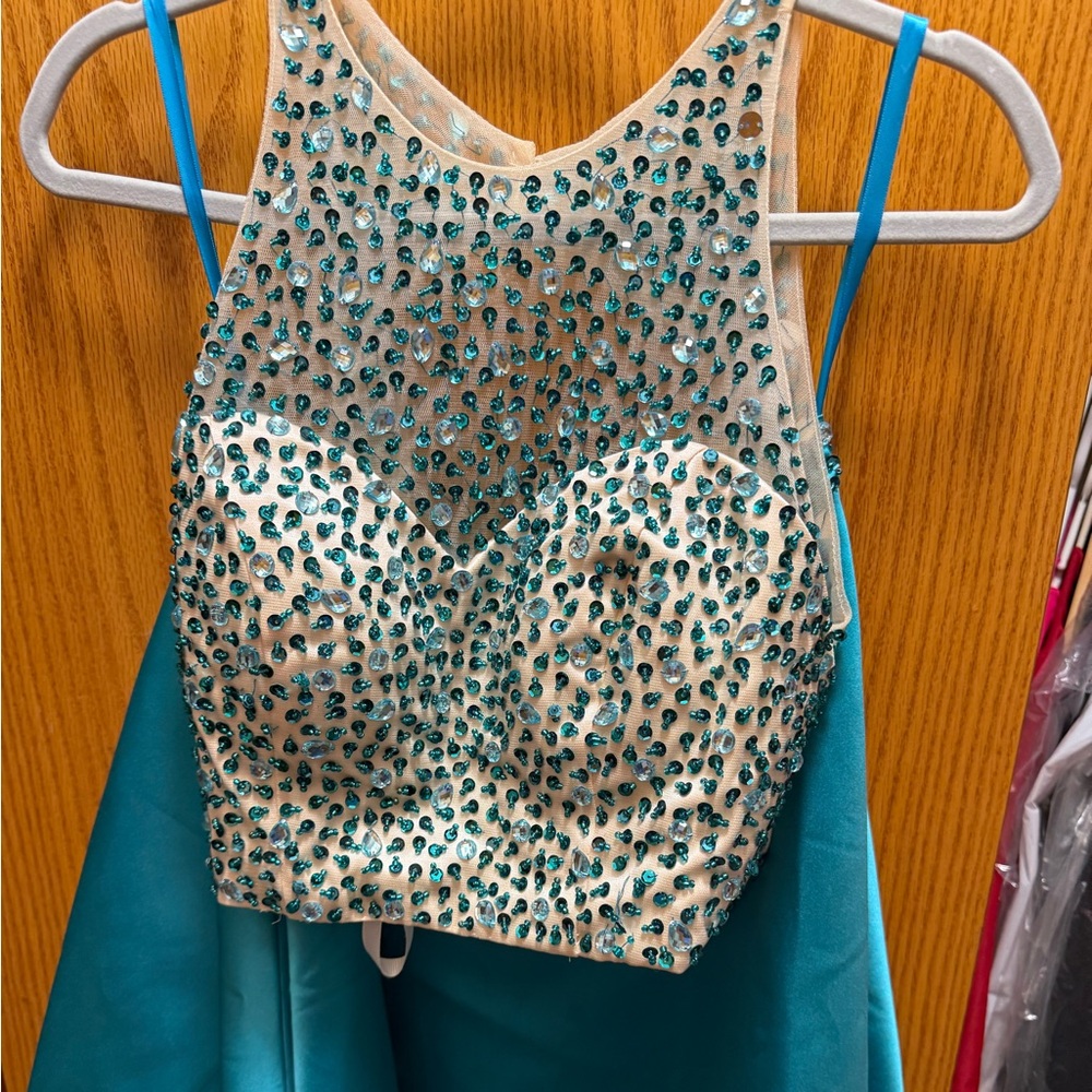 Teal and Cream Beaded Halter Dress